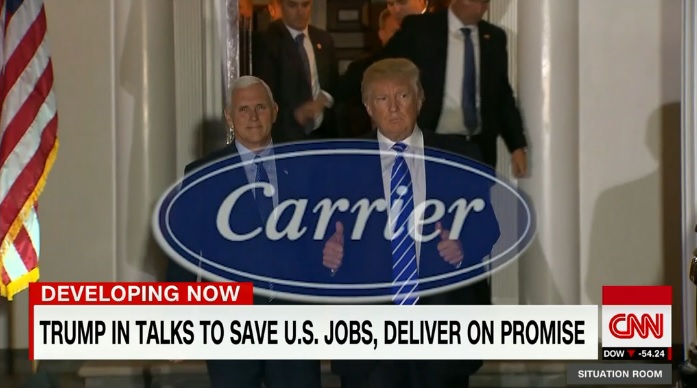 미국 냉난방 장치 생산업체 캐리어의 멕시코 공장 이전 철회를 보도하는 CNN 뉴스 갈무리.