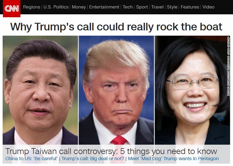 도널드 트럼프 미국 대통령 당선인과 차이잉원 대만 총통의 전화 통화로 인한 미중 관계 변화를 전망하는 CNN 뉴스 갈무리.
