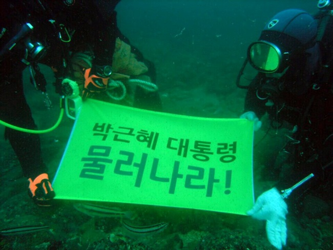 물속에서도 "박근혜 대통령 물러나라!"를 외치고 있습니다. 지난 11월 5일 여수 백도 수중 사진입니다.
