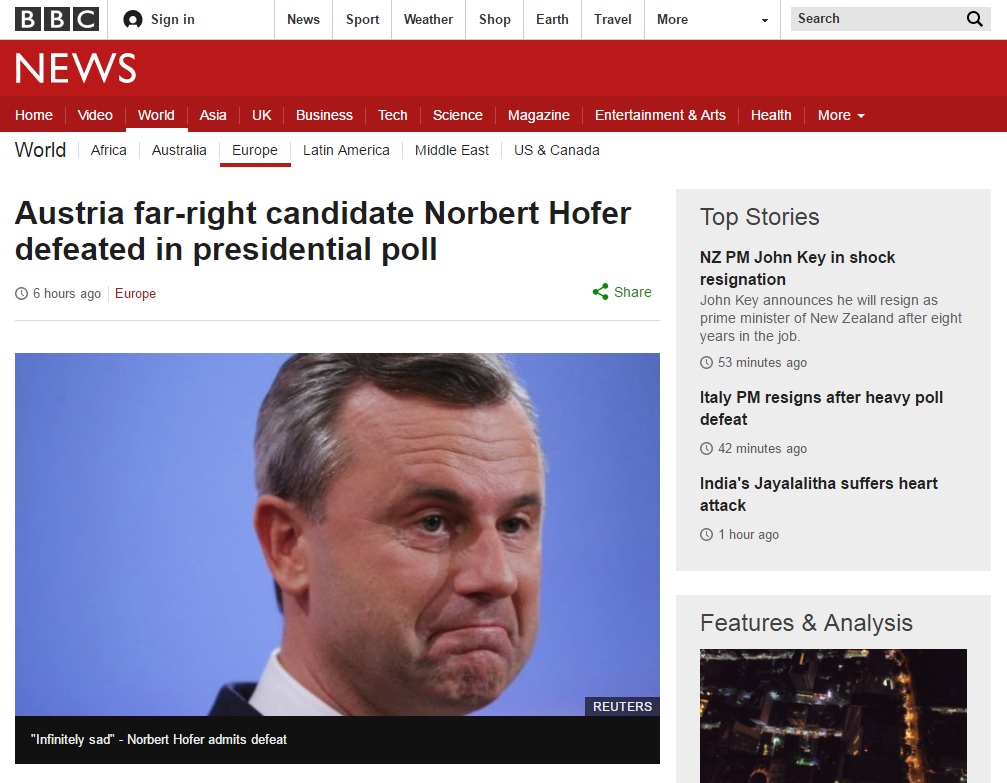 오스트리아 대통령 선거 결과를 보도하는 BBC 뉴스 갈무리.
