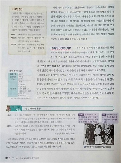 검인정 한국사 교과서(비상교육) 중 반민특위와 관련한 내용이 서술돼 있다. '좌절된 친일파 청산'이라는 소제목이 눈에 들어온다. 