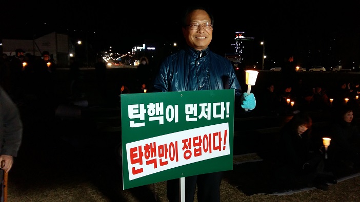 박근혜 퇴진 보령촛불집회에 참석한 보령시민 조양희 씨가 피켓을 들고 있다. 