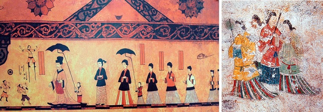           6 세기 무렵 고구려 벽화로 알려진 평안남도 남포시 강서구역 수산리 고분 벽화(사진 왼쪽)와 일본 나라현 아스카시 다카마츠 무덤 벽화(오른쪽)입니다. 치마자락이나 머리 꾸밈이 비슷합니다.