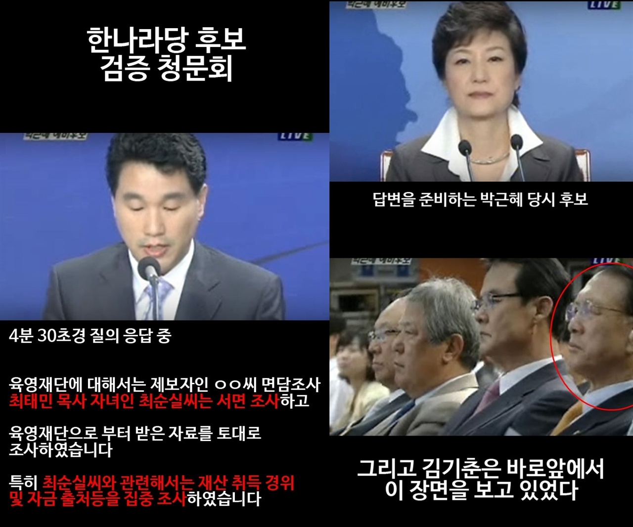 2007년 한나라당 후보 검증 청문회에 박근혜 후보와 그 앞에 앉아 있던 김기춘. 여기서 박근혜는 최태민과 관련된 의혹에 대해 질문 받는다. 이와 관련 최순실의 이름이 여러번 확실하게 언급된다. 