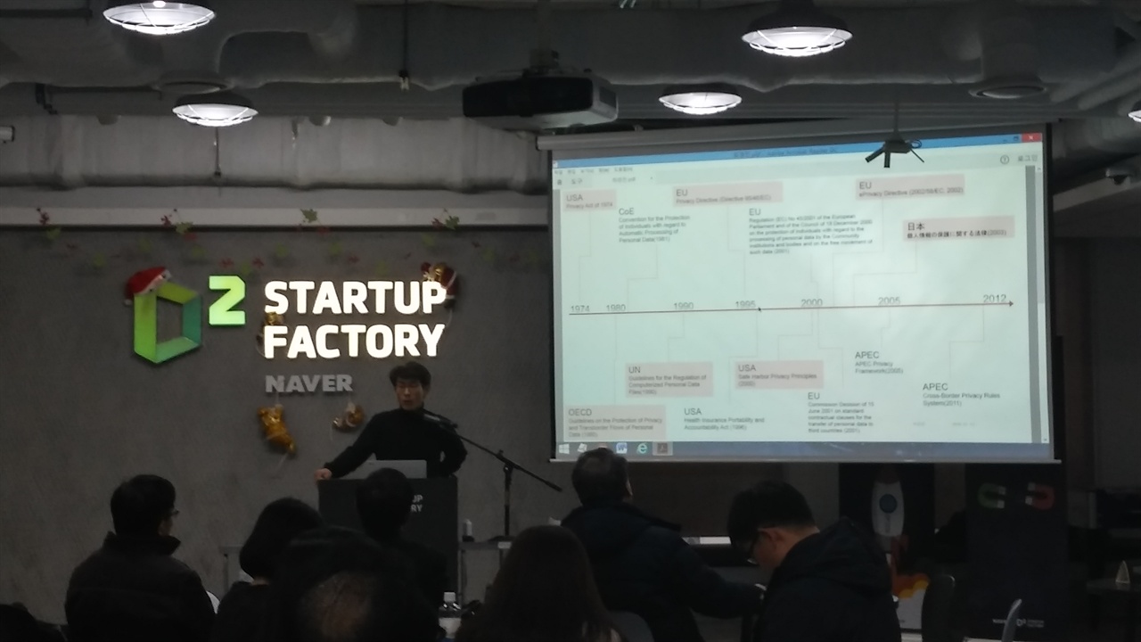 지난 13일 '네이버 D2 스타트업팩토리'에서 <제4차 산업혁명과 프라이버시의 미래>라는 주제로 진행된 세미나에서 가천대학교 법학전문대학원 최경진 교수가 발표하고 있다. 최경진 교수는 발표 논문이 수록된 백서 《NAVER Privacy White Paper》에서 개인정보보호를 둘러싼 주요 판결 중 '잊힐 권리(right to be forgotten)'와 관련된 '구글 사건 판결'을 소개하면서, "이 판결은 이후 GDPR에서의 삭제권 혹은 잊힐 권리를 규정하는데에도 큰 영향을 미쳤다."고 밝혔다(더 자세한 내용은 해당 백서 참조).