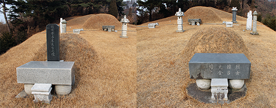 이소사의 헛묘(왼쪽)와 금섬의 묘가 송상현 묘소 앞에 좌우로 나란히 놓여 있다.