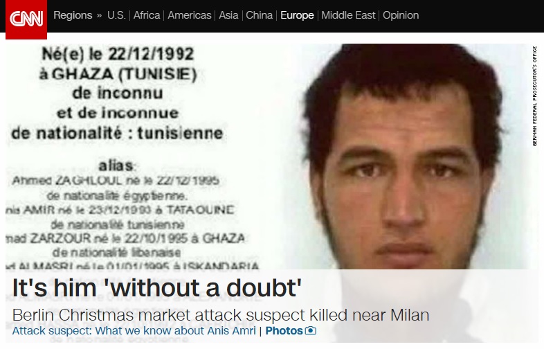 독일 베를린 트럭 테러 용의자 사살을 보도하는 CNN 뉴스 갈무리.