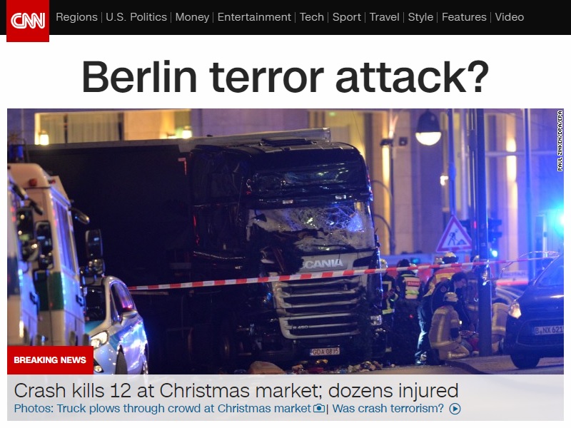 독일 베를린에서 발생한 트럭 테러 사건을 보도하는 CNN 뉴스 갈무리.