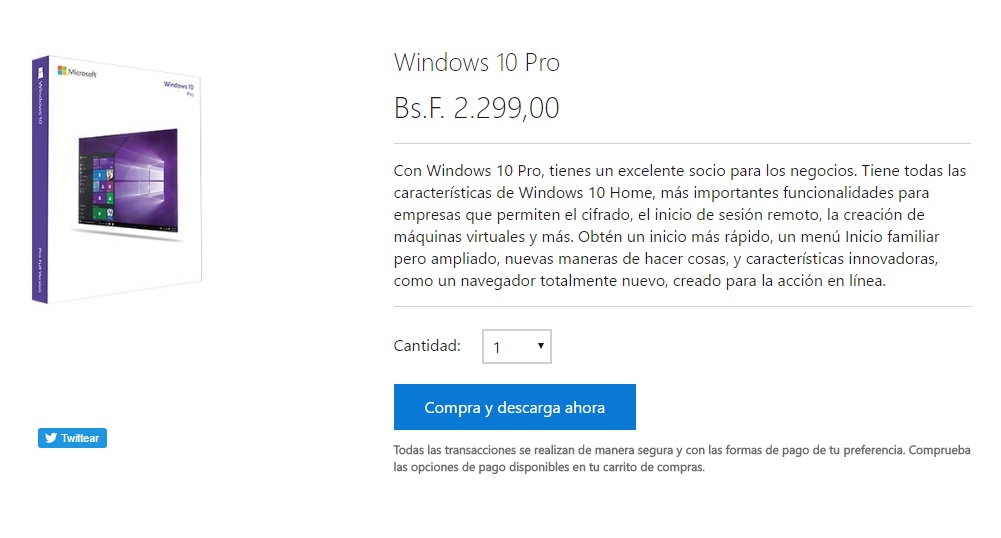  '윈도 10 프로'를 2.299볼리바르에 판매하는 마이크로소프트(MS) 베네수엘라어 홈페이지 갈무리.