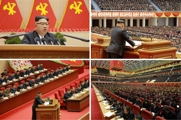 김정은 북한 노동당 위원장이 2016년 12월 25일 평양에서 열린 제1차 전국 노동당(전당) 초급당위원장 대회 3일차 회의에서 '초급당을 강화할 데 대하여'라는 제목의 '결론'을 발표하고 있다.