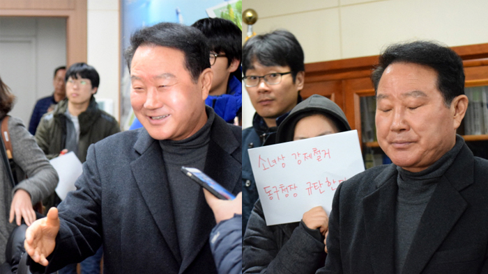 웃는 낯으로 기자들에게 악수를 청하는 박삼석 부산동구청장. 잠시 후 미소는 사라졌다.

