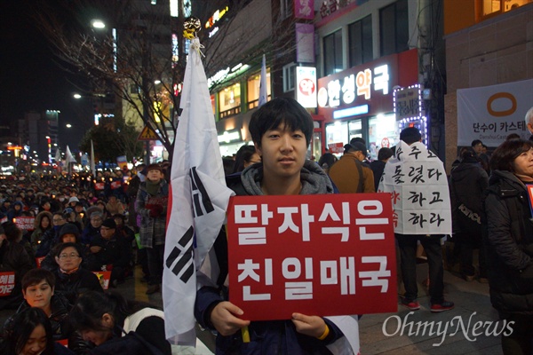 31일 오후 대구 중구 중앙로 대중교통전용지구에서 열린 '#내려와라 박근혜' 9차 대구시국대회에 참가한 한 참가자가 태극기와 피켓을 들고 있다.