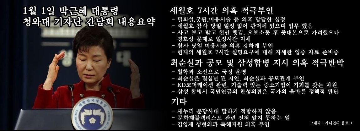 1월 1일, 박근혜 대통령이 청와대 기자단과 간담회를 가졌다. 여기서 박 대통령은 자신의 의혹들에 대해 적극적으로 부인했다. 