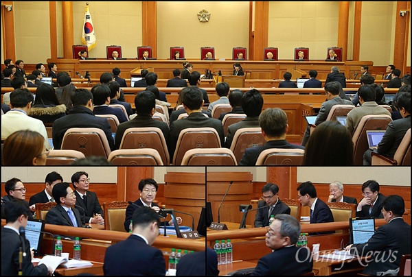 3일 오후 서울 종로구 헌법재판소 대심판정에서 박한철 헌법재판소장장 등 재판관 9명 전원이 참석한 가운데, 박근혜 대통령 탄핵심판 첫 변론기일이 열리고 있다.