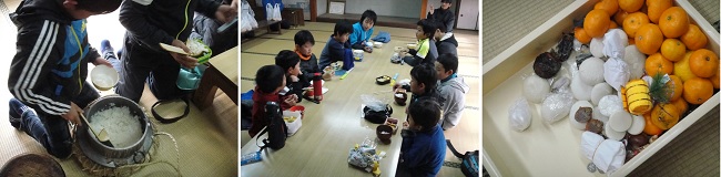            산신제에 참가한 어린이들이 제물로 썼던 밥을 비롯한 먹거리를 모두 가지고 와서 나누어 먹습니다. 