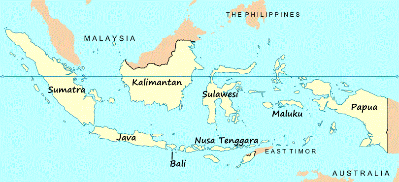 수마트라(Sumatra), 칼리만탄(Kalimantan, 보르네오), 자바(Java), 술라웨시(Sulawesi), 이리안자야(Irian Jaja). 이리안자야는 뉴기니 섬의 서부 파푸아. 동쪽은 파푸아뉴기니라는 또 다른 독립국이다. 