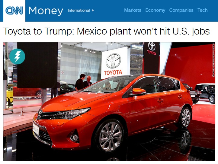도널드 트럼프 미국 대통령 당선인의 도요타 멕시코 공장 신설 비판을 보도하는 CNN 뉴스 갈무리.