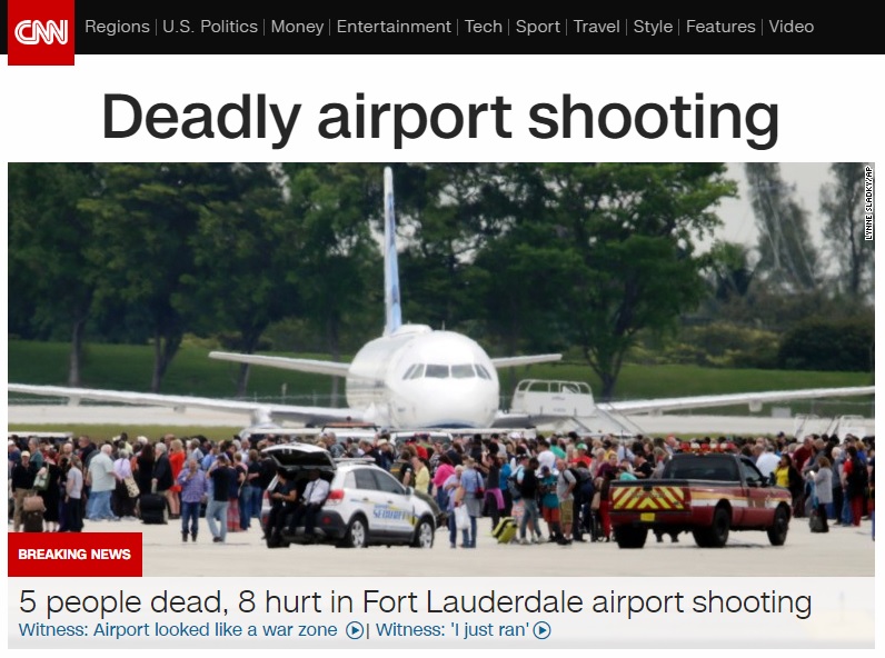 미국 플로리다 주 포트로더데일 국제공항에 발생한 총격 사건을 보도하는 CNN 뉴스 갈무리.