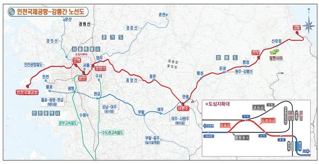 평창 동계올림픽 기간중 이용될 인천국제공항에서 강릉역까지 철도 노선도 