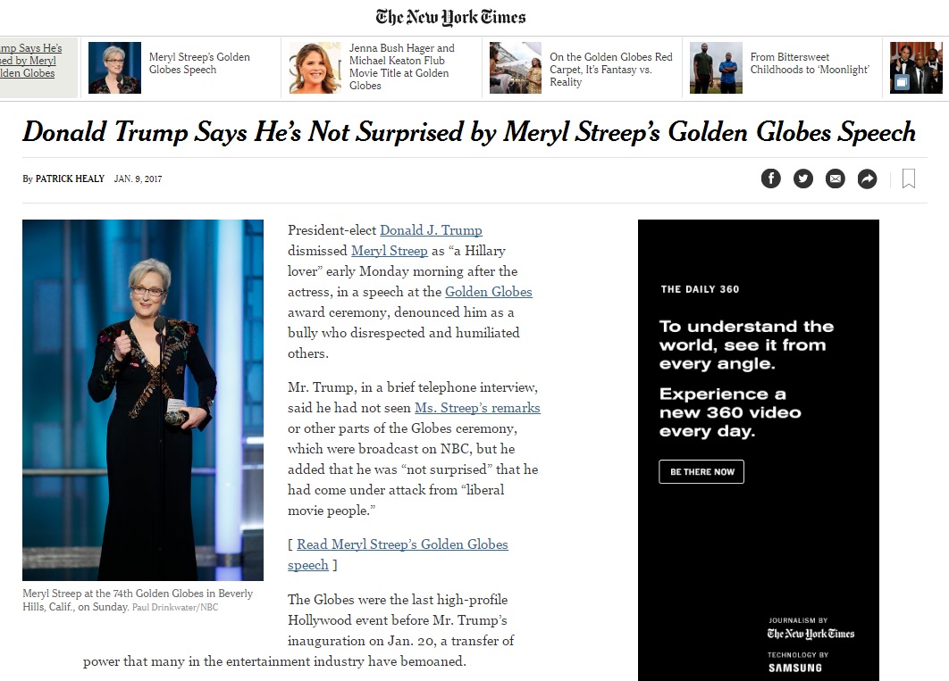  메릴 스트립의 비판과 도널드 트럼프의 반박을 보도하는 <뉴욕타임스> 갈무리.