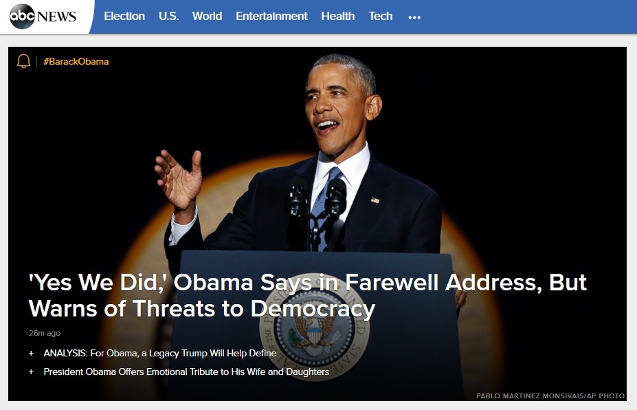 버락 오바마 미국 대통령의 고별 연설을 보도하는 ABC 뉴스 갈무리.