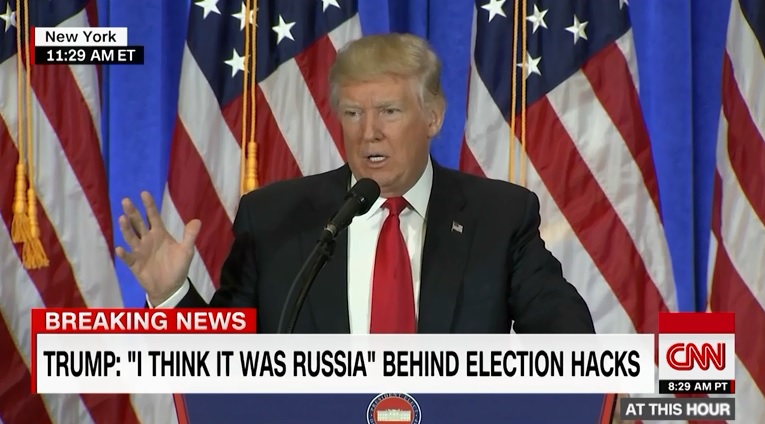 도널드 트럼프 미국 대통령 당선인의 공식 기자회견을 보도하는 CNN 뉴스 갈무리.