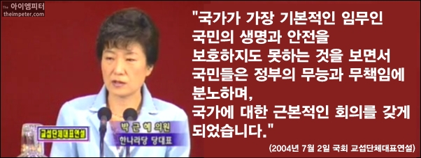  박근혜 대통령은 2004년 7월 국회교섭단체 대표 연설에서 참여정부의 김선일씨 피랍 사망 사건을 신랄하게 비판했다.