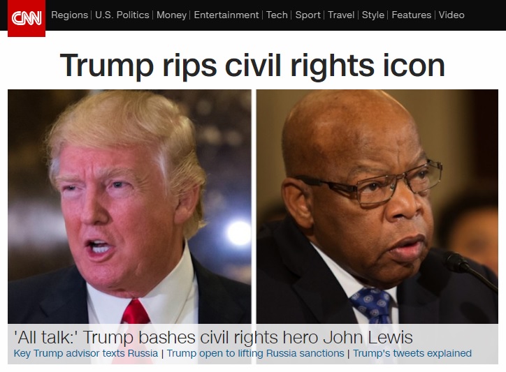 대통령 취임식 불참을 둘러싼 도널드 트럼프 대통령 당선인과 존 루이스 민주당 의원의 공방을 보도하는 CNN 뉴스 갈무리.