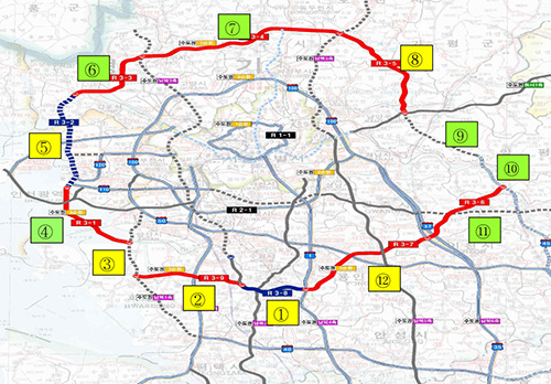 수도권 제2순환고속도로. ①오산~봉담 ②봉담~송산 ③송산~안산 ④안산~인천 ⑤인천~김포 ⑥김포~파주 ⑦파주~포천 ⑧포천~화도 ⑨화도~남양평 ⑩남양평~양평 ⑪양평~이천 ⑫이천~오산