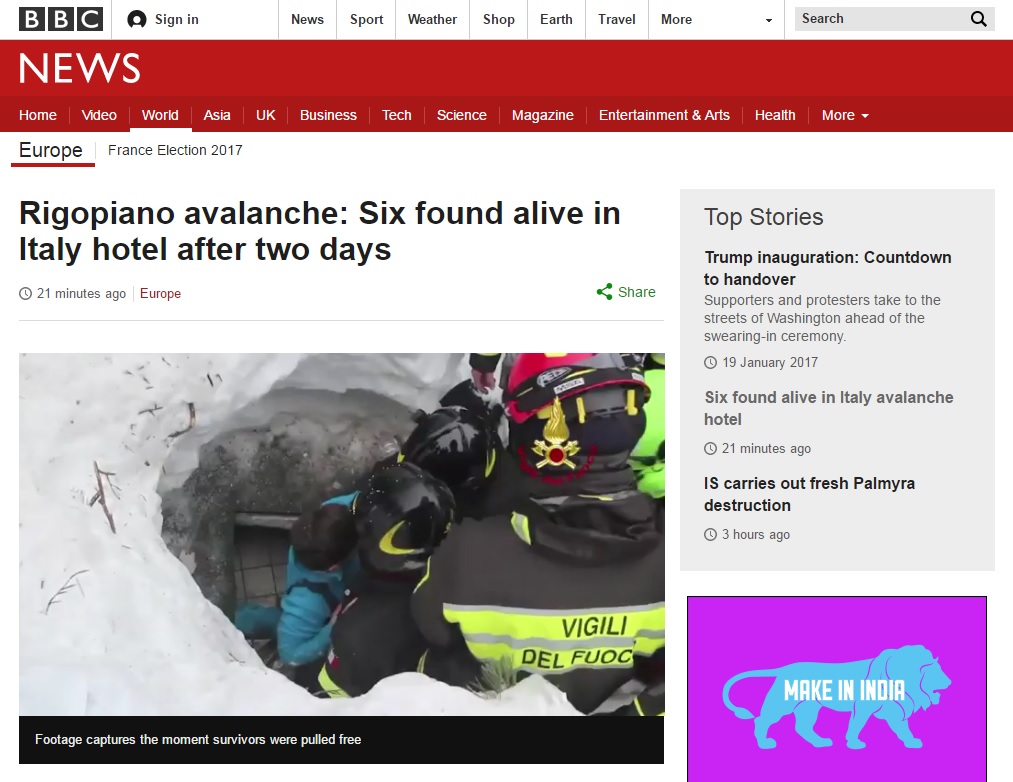 지진 눈사태로 매몰된 이탈리아 호텔에서 첫 생존자 구조를 보도하는 BBC 뉴스 갈무리.