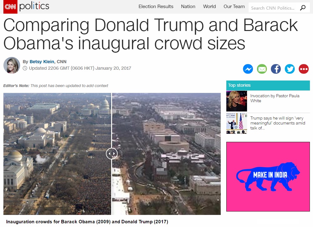 버락 오바마 전 대통령과 도널드 트럼프 대통령의 취임식 인파를 비교하는 CNN 뉴스 갈무리.