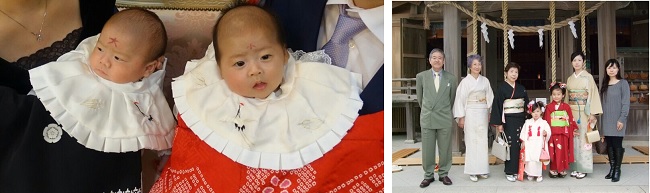           일본 신사에서 열린 아기의 오미야마이리 출산의례에 참가한 쌍둥이 아기와 시치고산을 마치고 찍은 가족 사진입니다. 