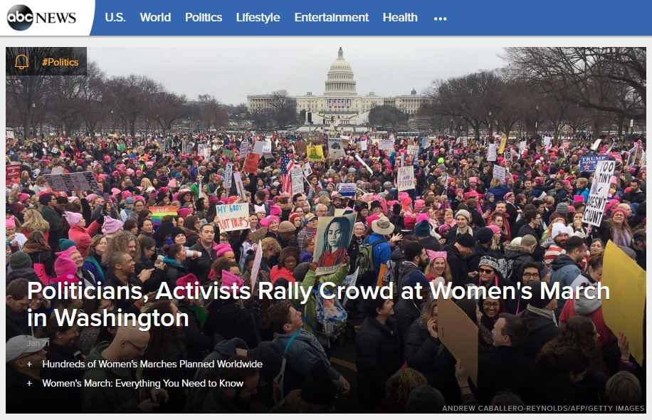 미국 워싱턴D.C.에서 열린 여성들의 트럼프 반대 시위를 보도하는 ABC 뉴스 갈무리.