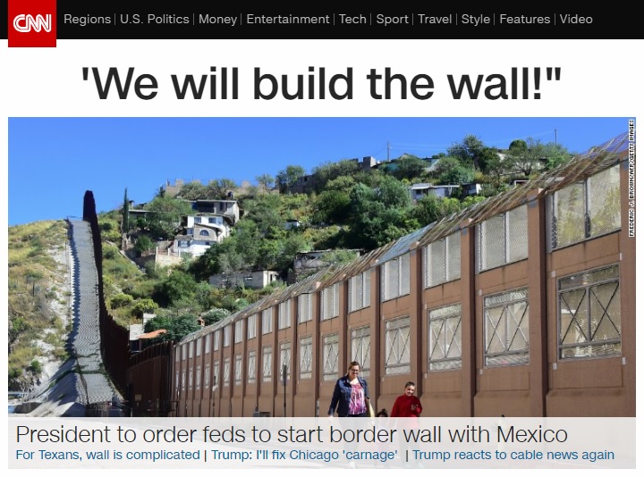 도널드 트럼프 미국 대통령의 미국-멕시코 국경 장벽 건설 강행을 보도하는 CNN 뉴스 갈무리.