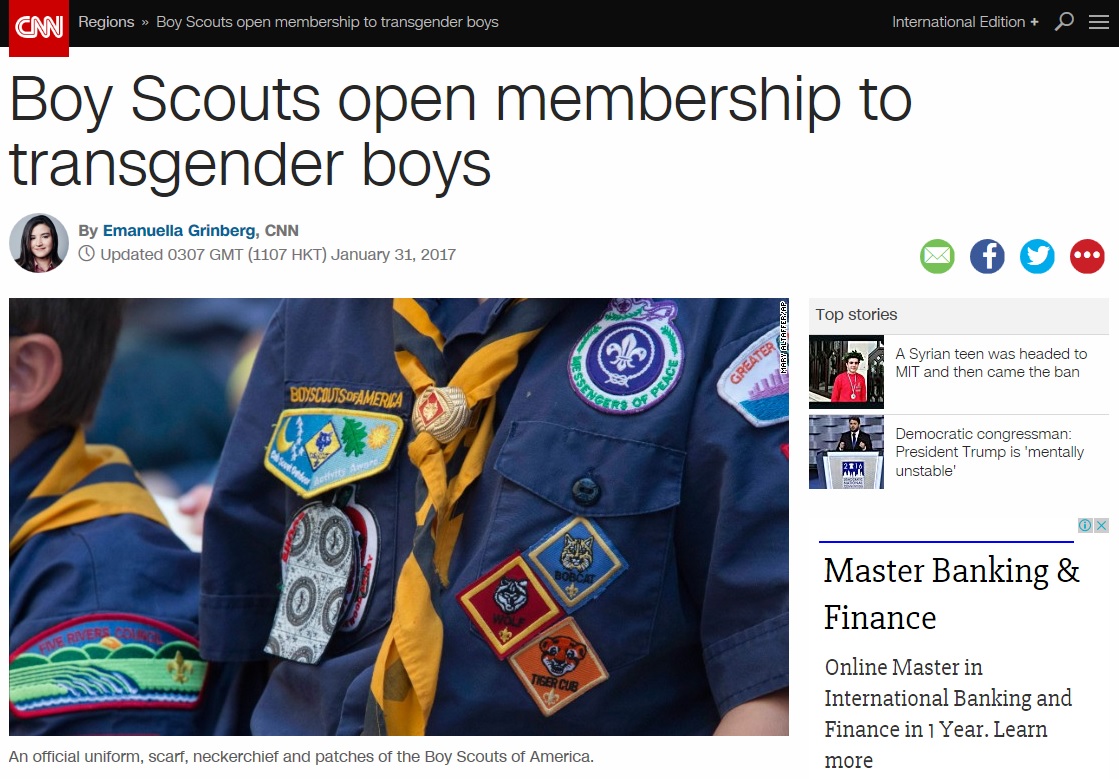 보이스카우트 연맹의 성전환 소녀 회원 가입 허용을 보도하는 CNN 뉴스 갈무리.