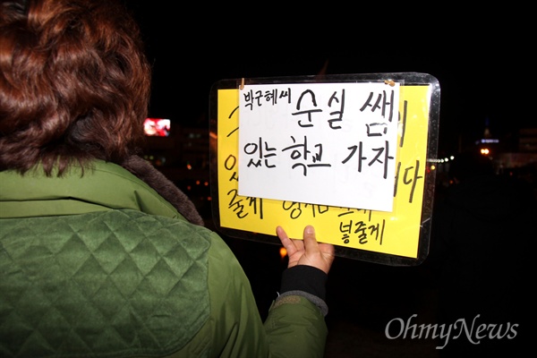 4일 저녁 창원광장에서 열린 '박근혜퇴진 제14차 경남시국대회'에서 한 시민이 직접 써온 손팻말을 들고 있다.