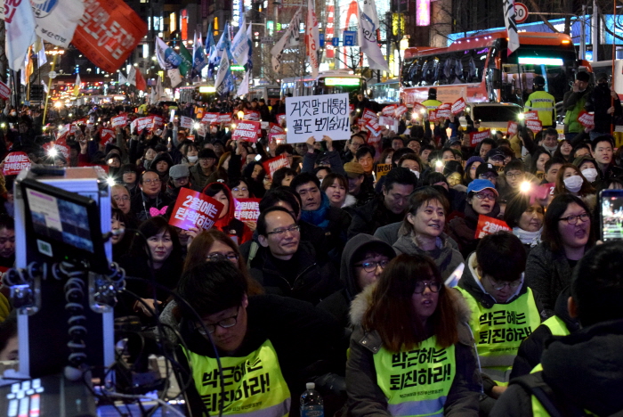 <박근혜정권 퇴진>13차 부산시국대회에서 한 참가자가 '거짓말 대통령 꼴도 보기싫다'는 피켓을 들고 있다.
