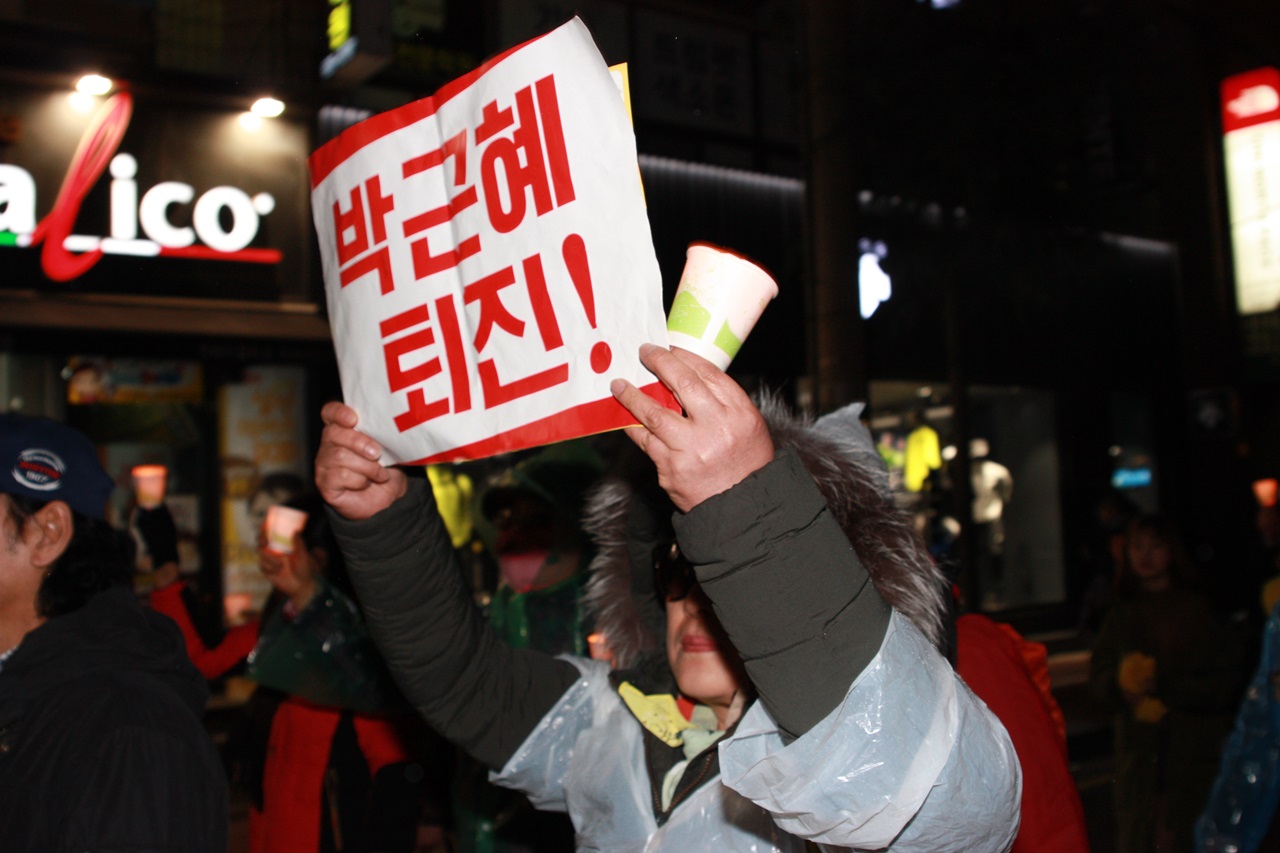 한시민이 피켓을 들고 박근혜 퇴진을 촉구하고 있다.