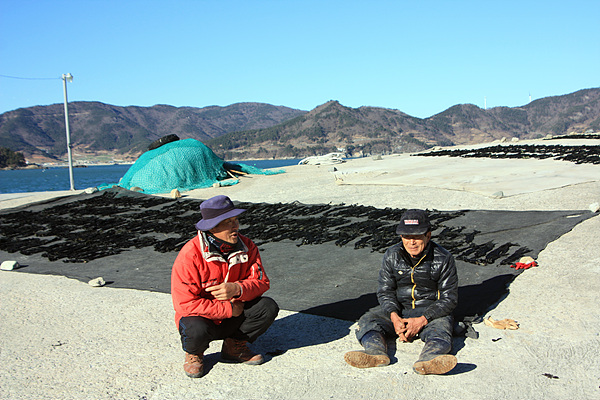 소횡간도 주변해역에서 채취한 미역을 널어놓은 주민과 대화하는 찬명호 선장 박하성씨(왼쪽)