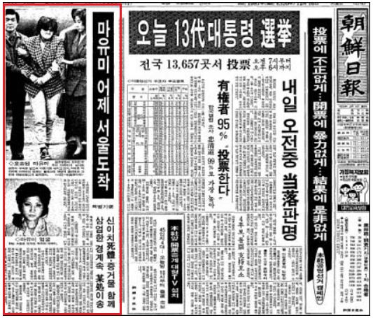 1987년 대통령 선거 당일 1면에 대한항공 폭파범 마유미(김현희)사진을 게재한 조선일보