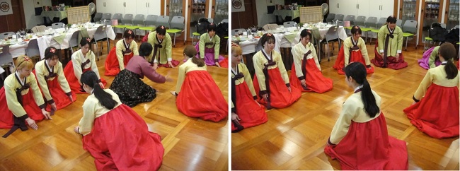           일본 학생들은 한복 치마 저고리를 입고, 절하는 방법을 배우기도 했습니다.