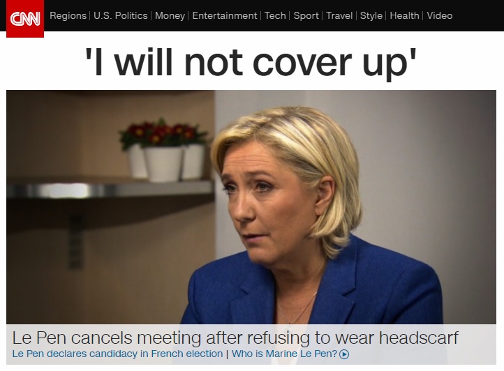프랑스 극우 정치인 마린 르펜의 히잡 착용 거부를 보도하는 CNN 뉴스 갈무리. 