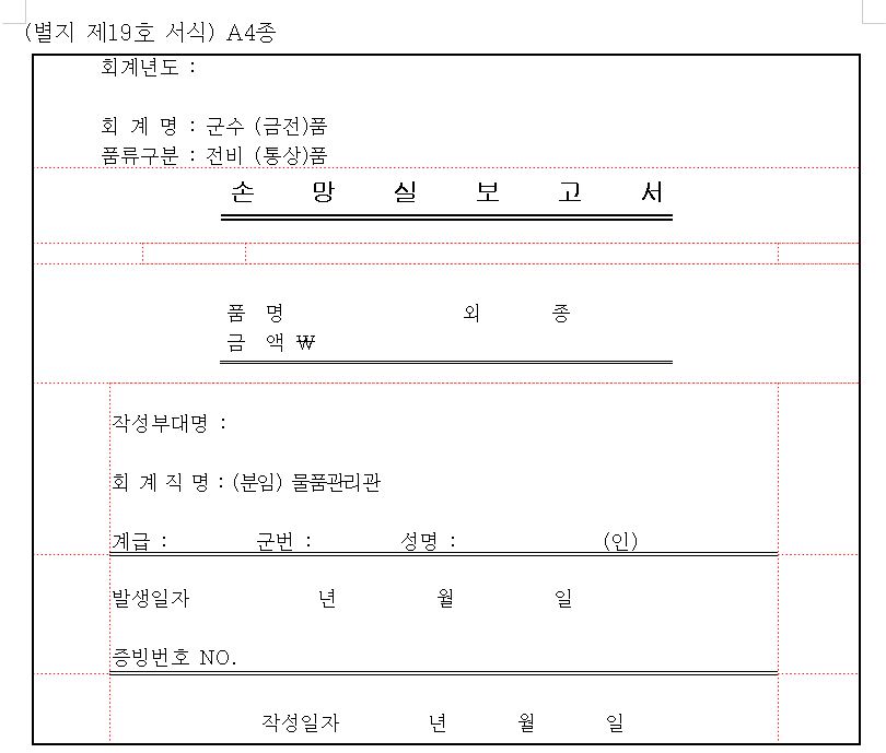  국방부 '손망실업무처리에 관한 훈령'에서 규정하고 있는 손망실 보고서 양식