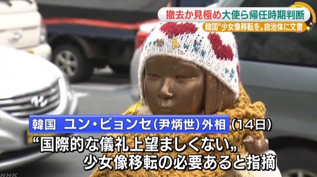 일본 정부의 위안부 소녀상 철거 요구를 보도하는 NHK 뉴스 갈무리.
