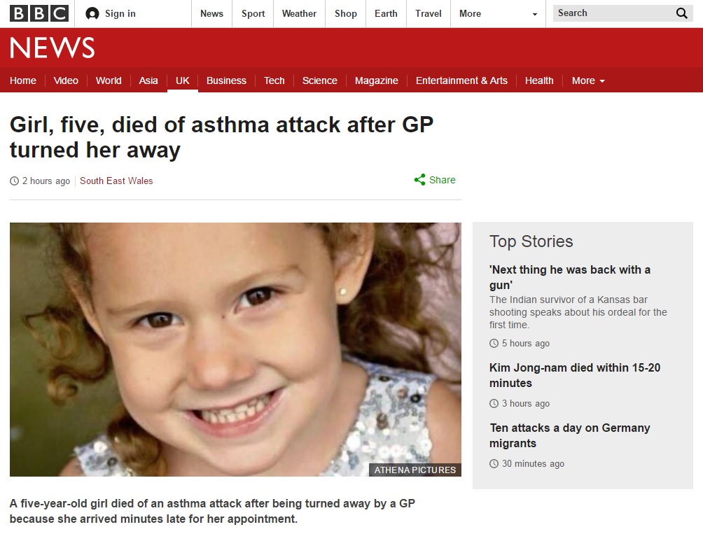 병원 진료를 거부당한 날 천식 발작으로 숨진 5세 여아 엘리-메이 클락의 사연을 보도하는 영국 BBC 갈무리.