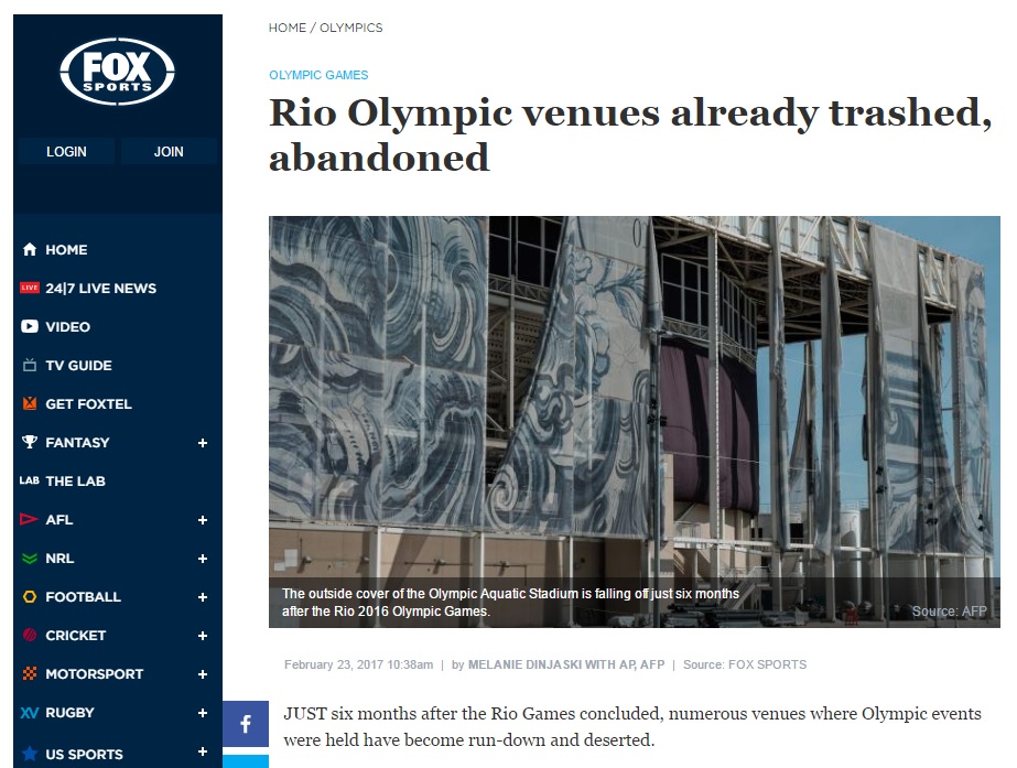  2014 하계 올림픽 폐막 후 폐허가 된 브라질 리우의 실상을 보도하는 <폭스스포츠> 갈무리.