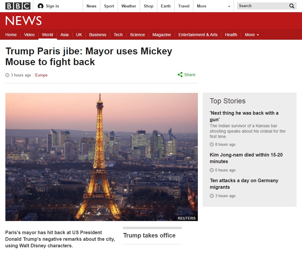 도널드 트럼프 미국 대통령과 프랑수아 올랑드 프랑스 대통령의 설전을 보도하는 영국 BBC 뉴스 갈무리.