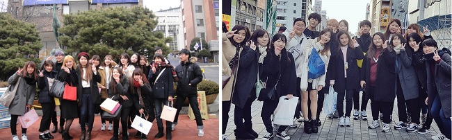           류코쿠대학과 상명대학교 학생들의 상호 교환 방문은 무엇보다도 즐거운 체험이었습니다. 왼쪽 사진은 서울 상명대학교 사슴상 앞이고, 오른쪽 사진은 오사카 시내입니다.