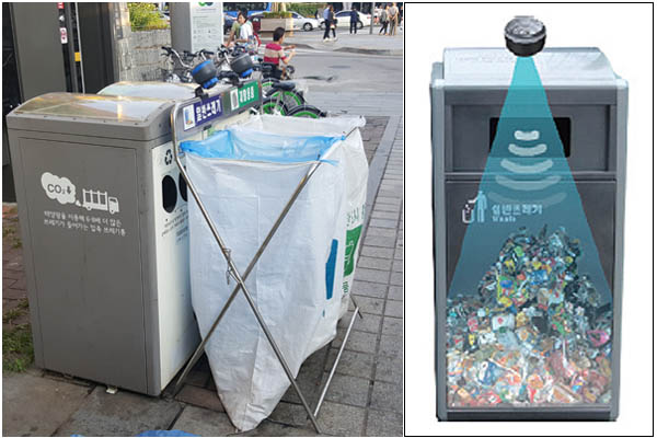 (주)이큐브랩이 서울 북촌에 설치한 IoT 스마트 쓰레기통 서비스. 가로변 쓰레기통에 쌓여있는 쓰레기의 적재량을 실시간 확인할 수 있다. 기존 쓰레기통에 적재량 감지 센서를 설치하고 측정 데이터는 3G통신을 활용해 서버로 전송한다. 쓰레기 넘침을 예방하고 효율적인 수거를 가능하게 한다.
