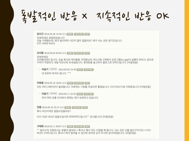 블로그에 쓴 글에 지난 1년 동안 50여명이 댓글로 대여 신청을 하였습니다. 